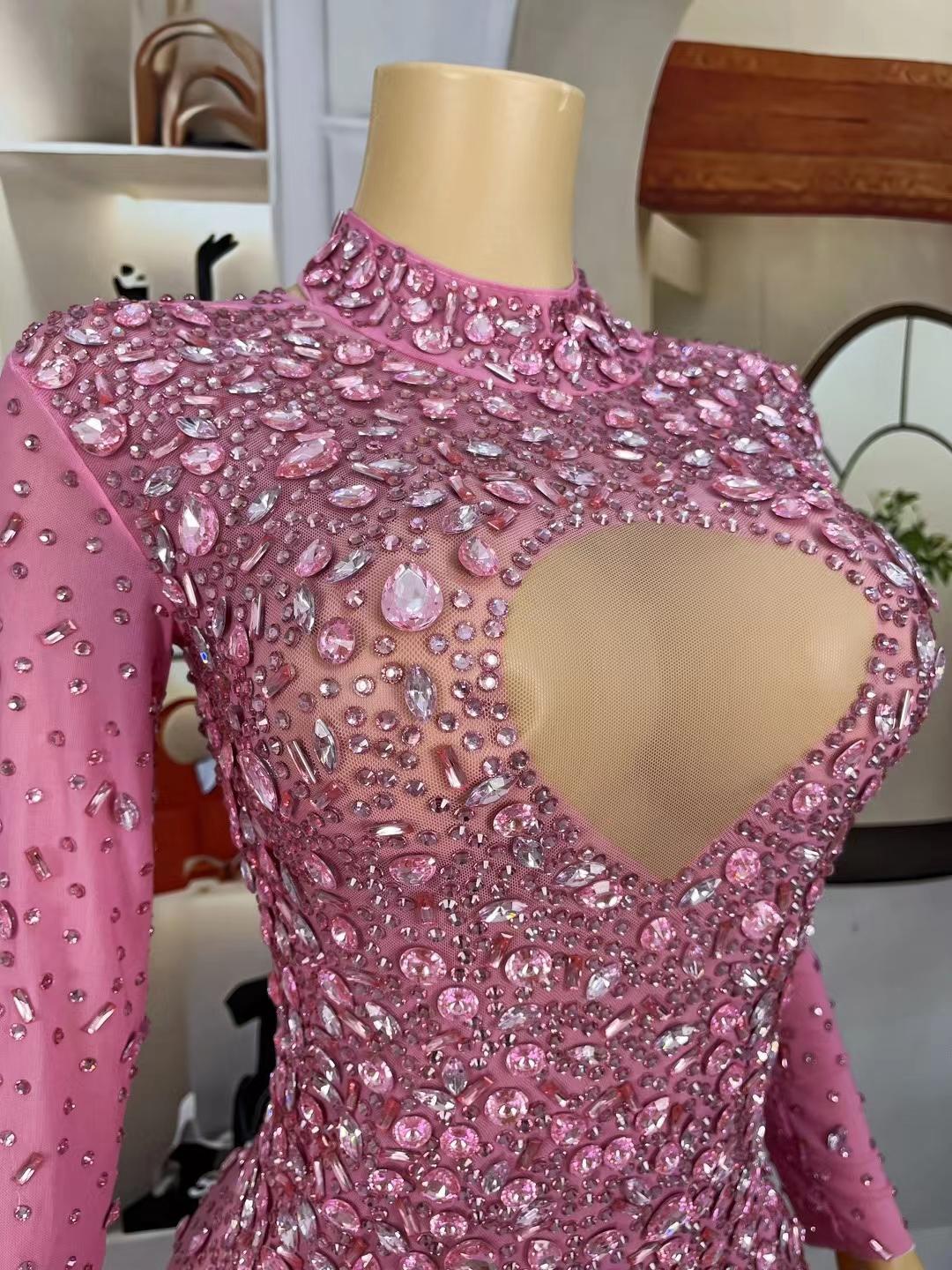 CELESINYI Cuican Crystal Pink Long Sleeve Mini Dress