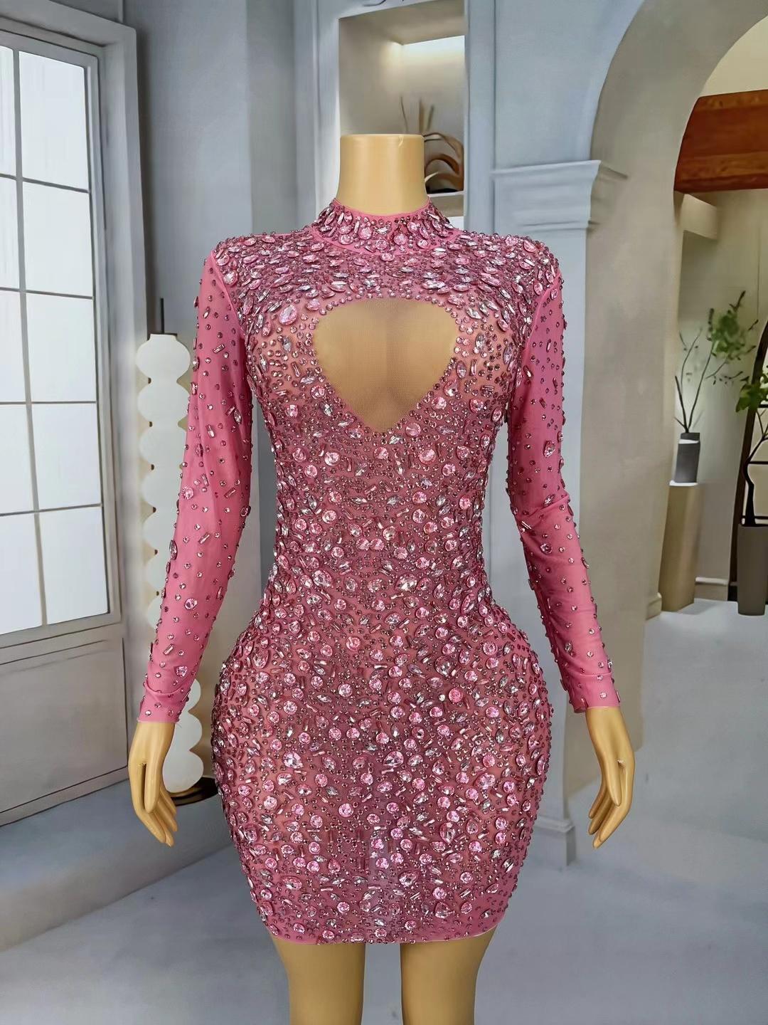 CELESINYI Cuican Crystal Pink Long Sleeve Mini Dress