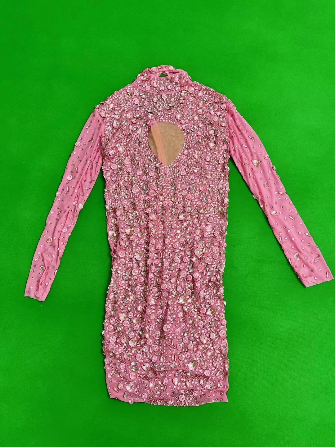 CELESINYI Cuican Crystal Pink Long Sleeve Mini Dress