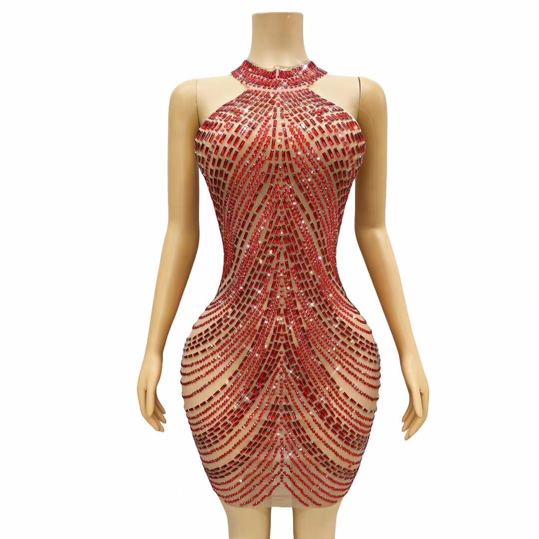 CELESINYI Sixian Crystal Red Silk Mini Dress