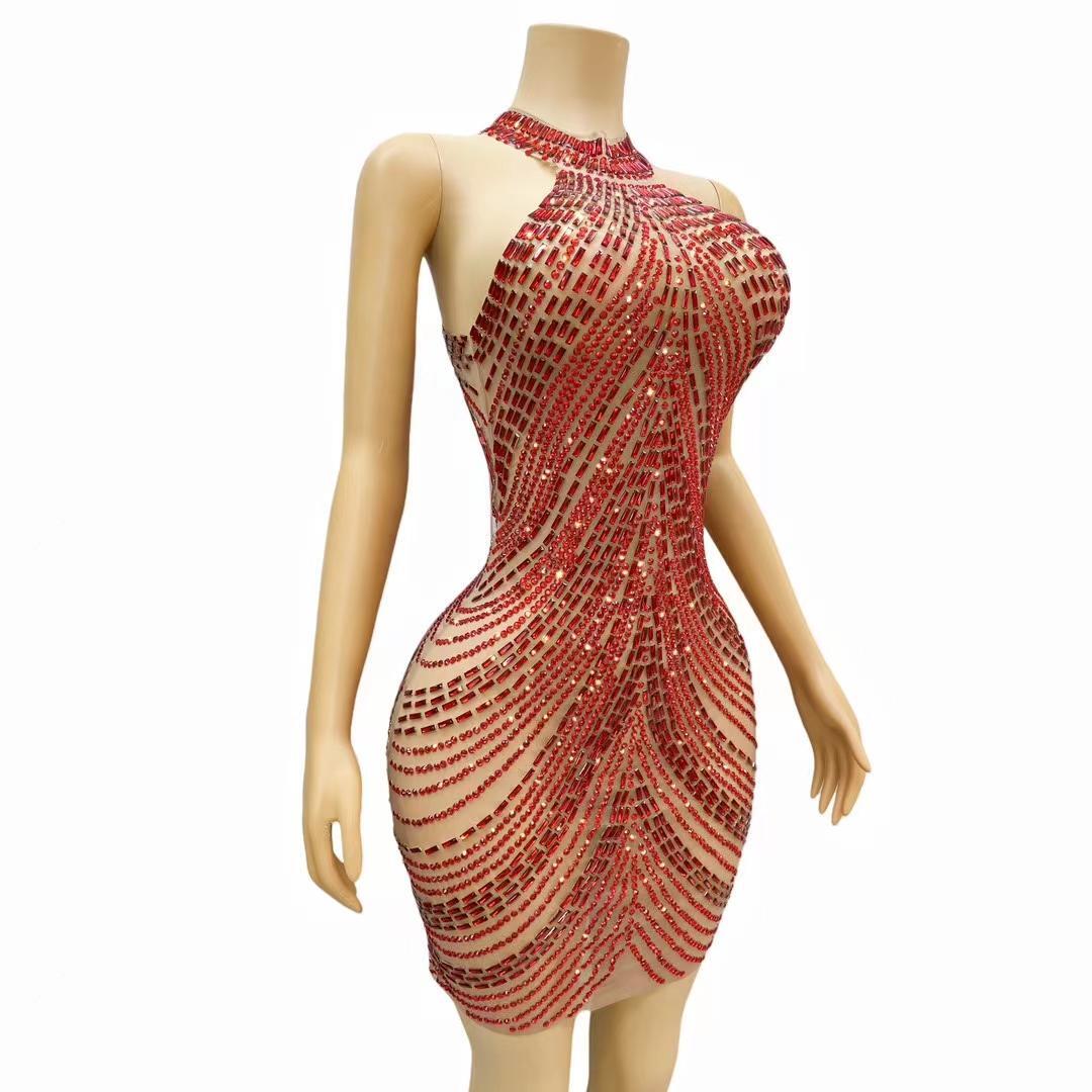 CELESINYI Sixian Crystal Red Silk Mini Dress
