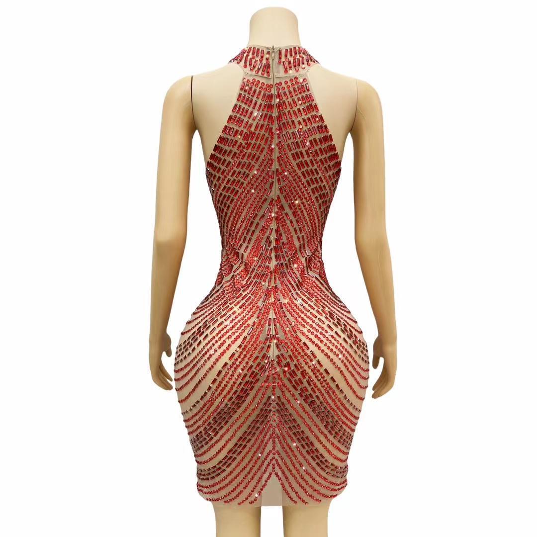 CELESINYI Sixian Crystal Red Silk Mini Dress