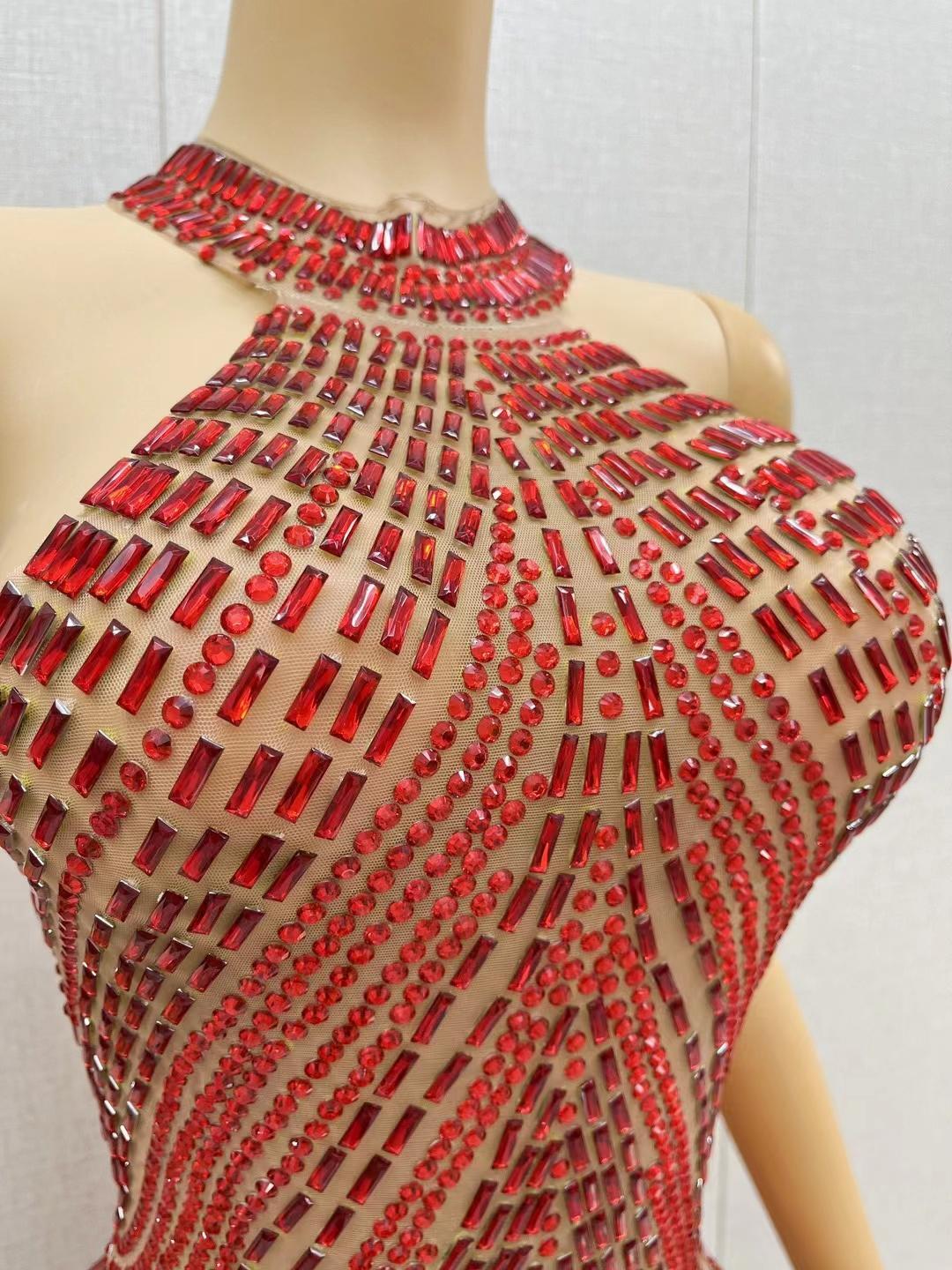 CELESINYI Sixian Crystal Red Silk Mini Dress