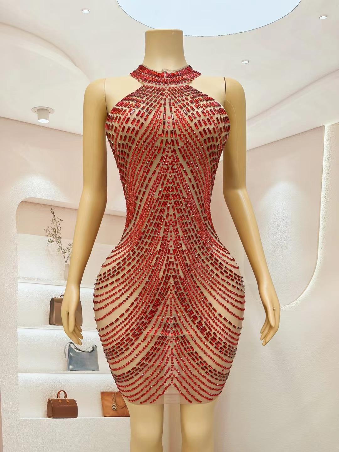 CELESINYI Sixian Crystal Red Silk Mini Dress