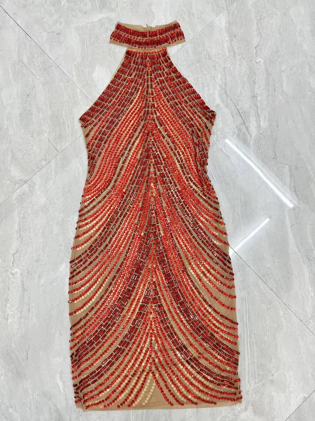 CELESINYI Sixian Crystal Red Silk Mini Dress