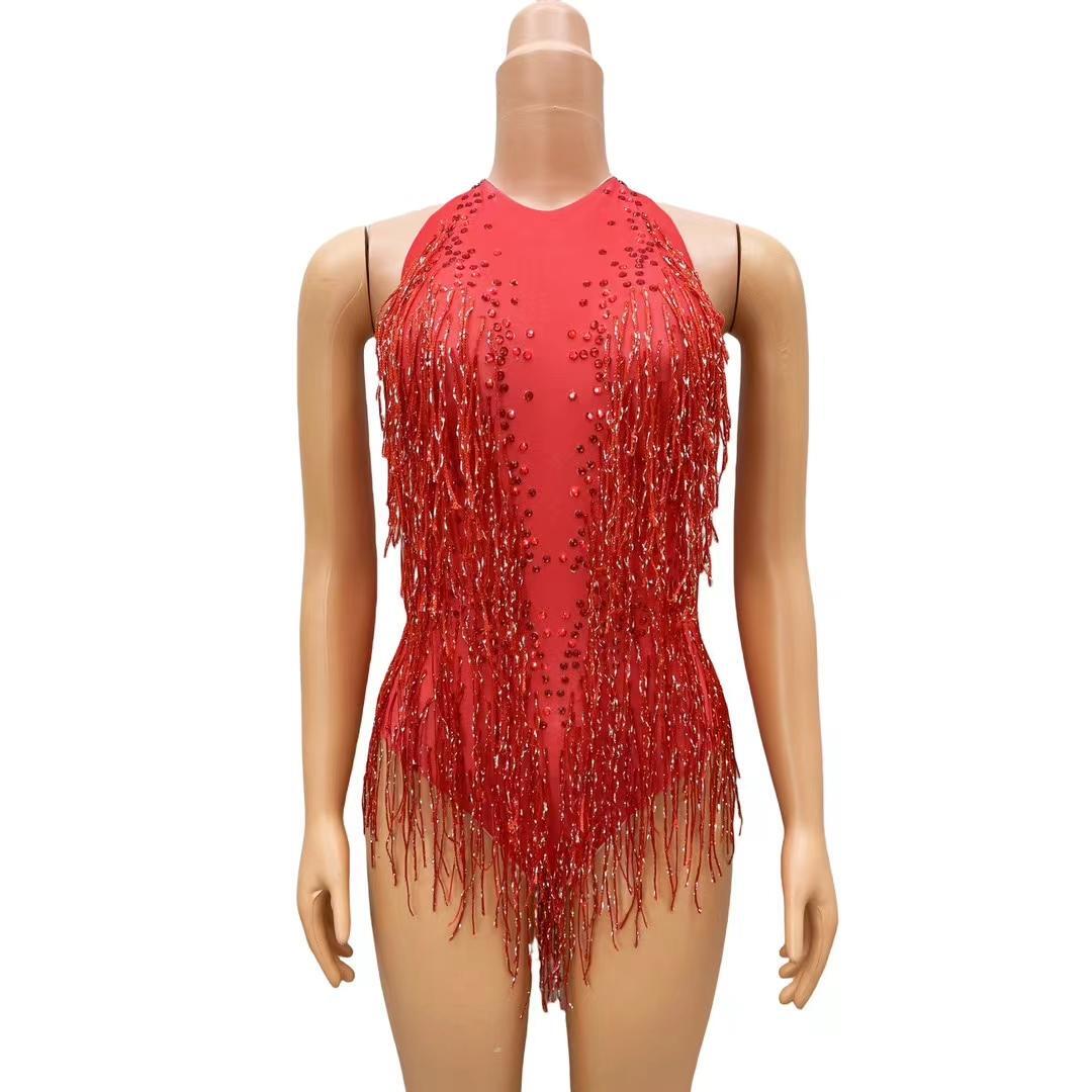 CELESINYI Hongliusu Crystal Red Fringe Mini Dress