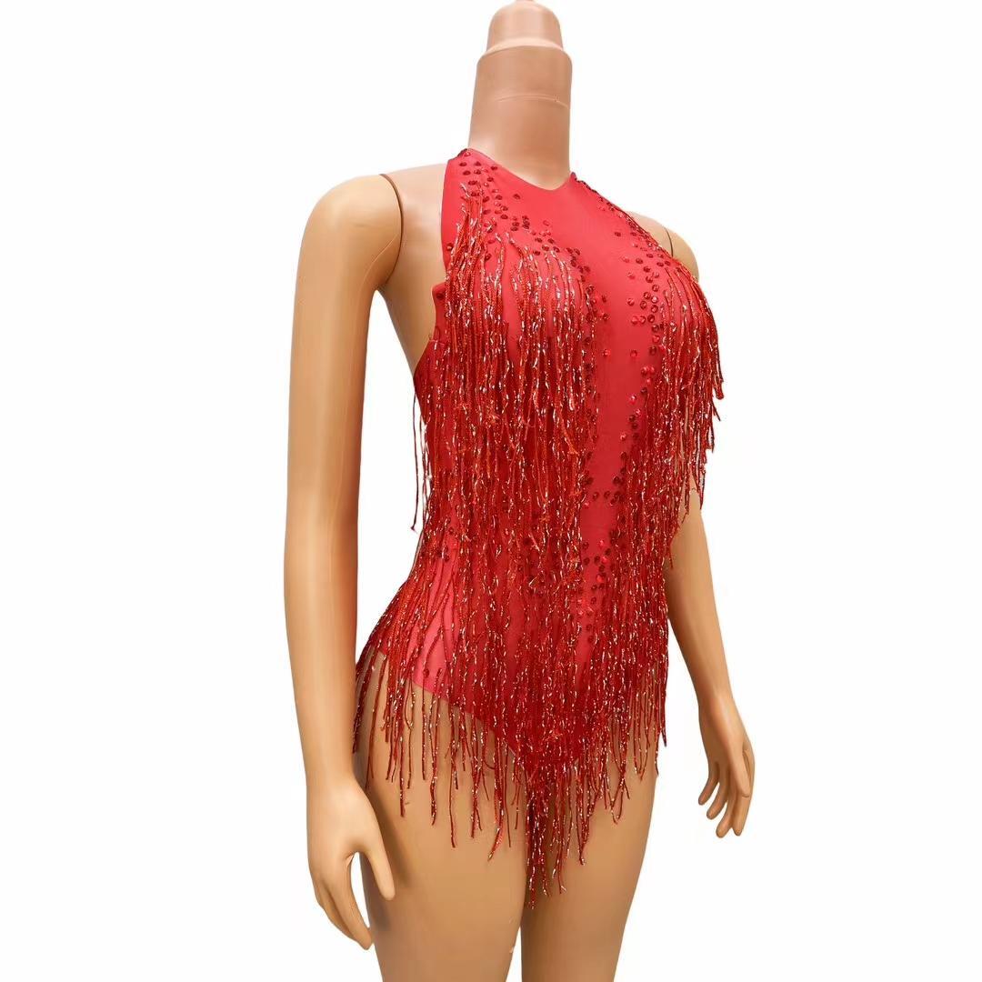 CELESINYI Hongliusu Crystal Red Fringe Mini Dress