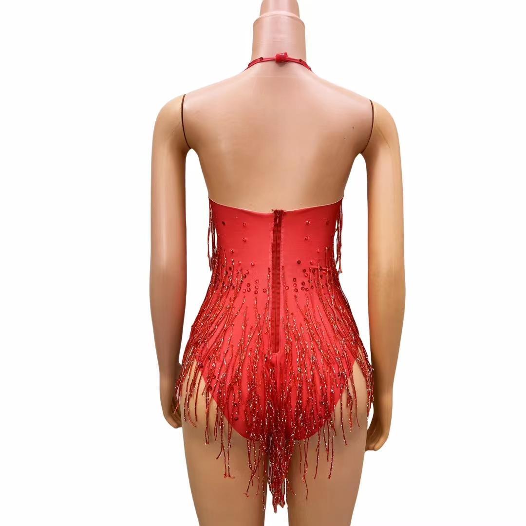 CELESINYI Hongliusu Crystal Red Fringe Mini Dress