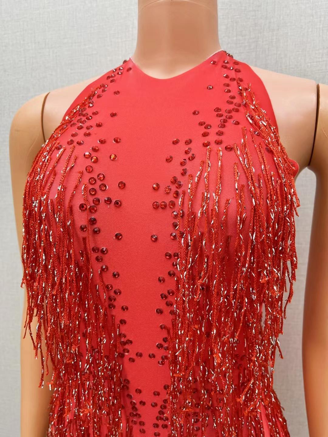 CELESINYI Hongliusu Crystal Red Fringe Mini Dress