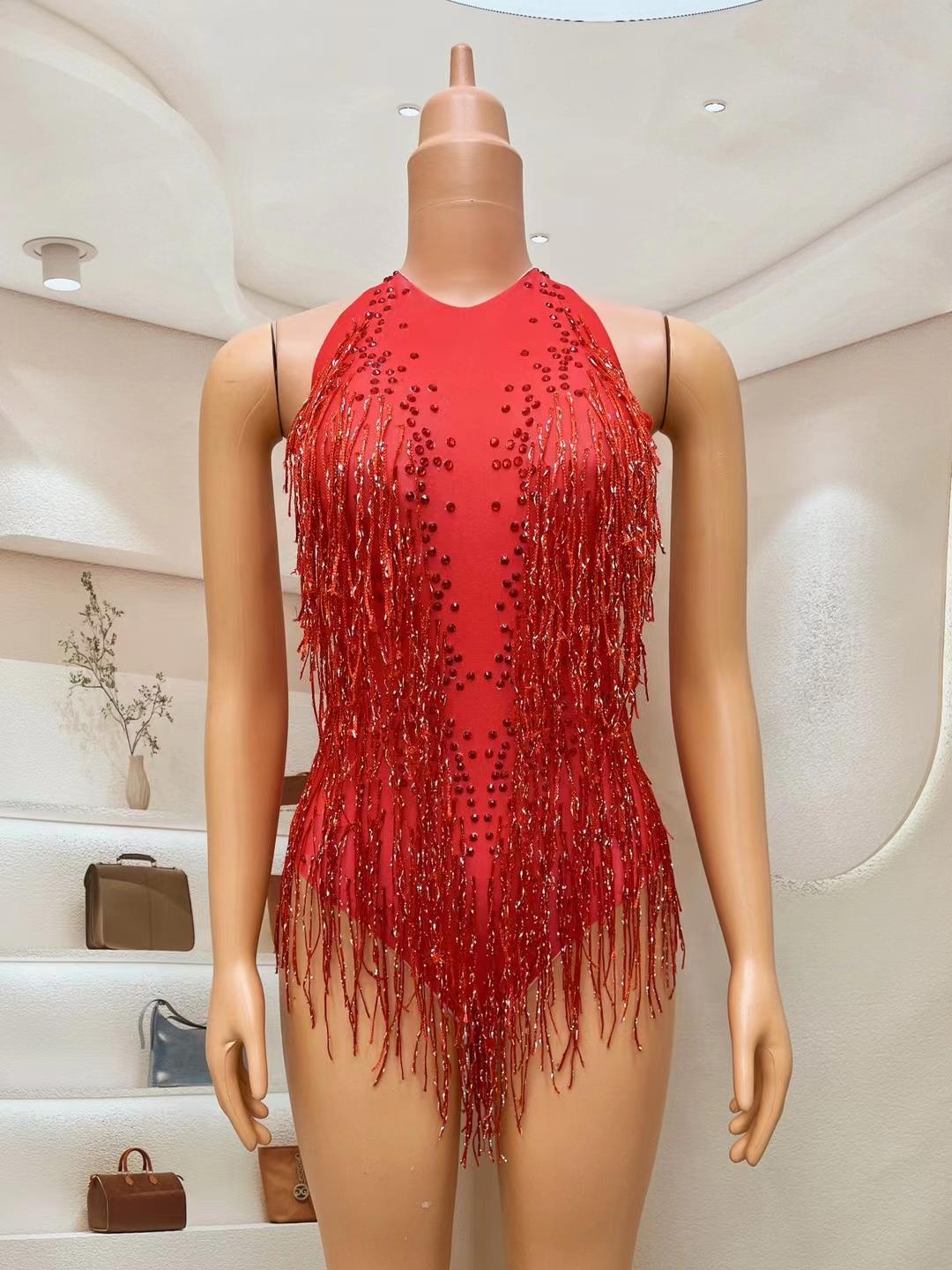CELESINYI Hongliusu Crystal Red Fringe Mini Dress
