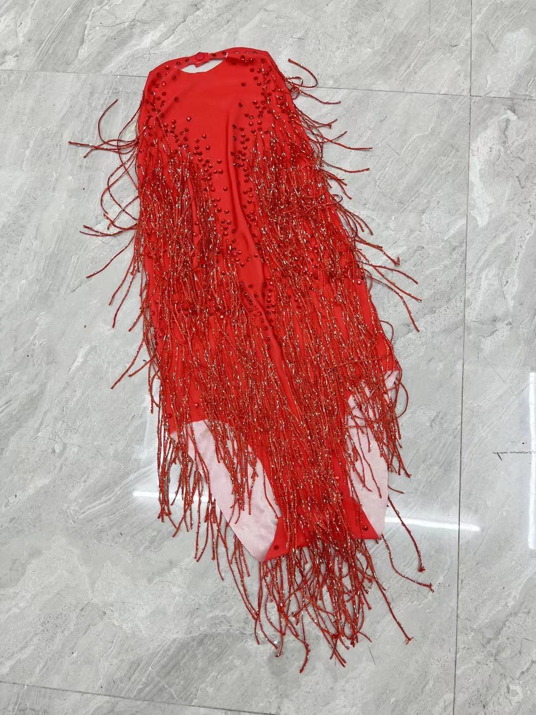CELESINYI Hongliusu Crystal Red Fringe Mini Dress