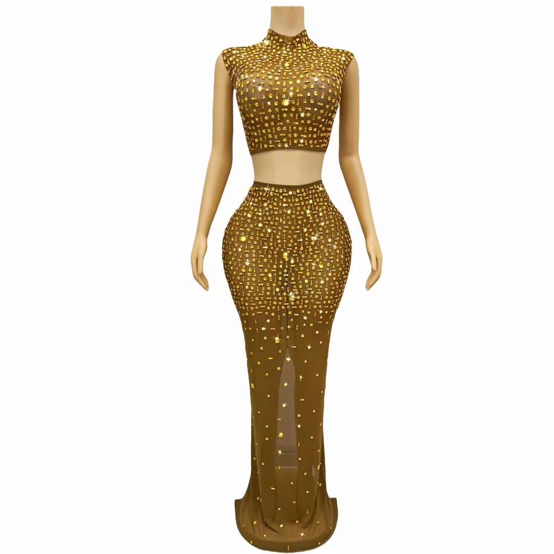 CELESINYI Jinbei Crystal Amber Mermaid Gown