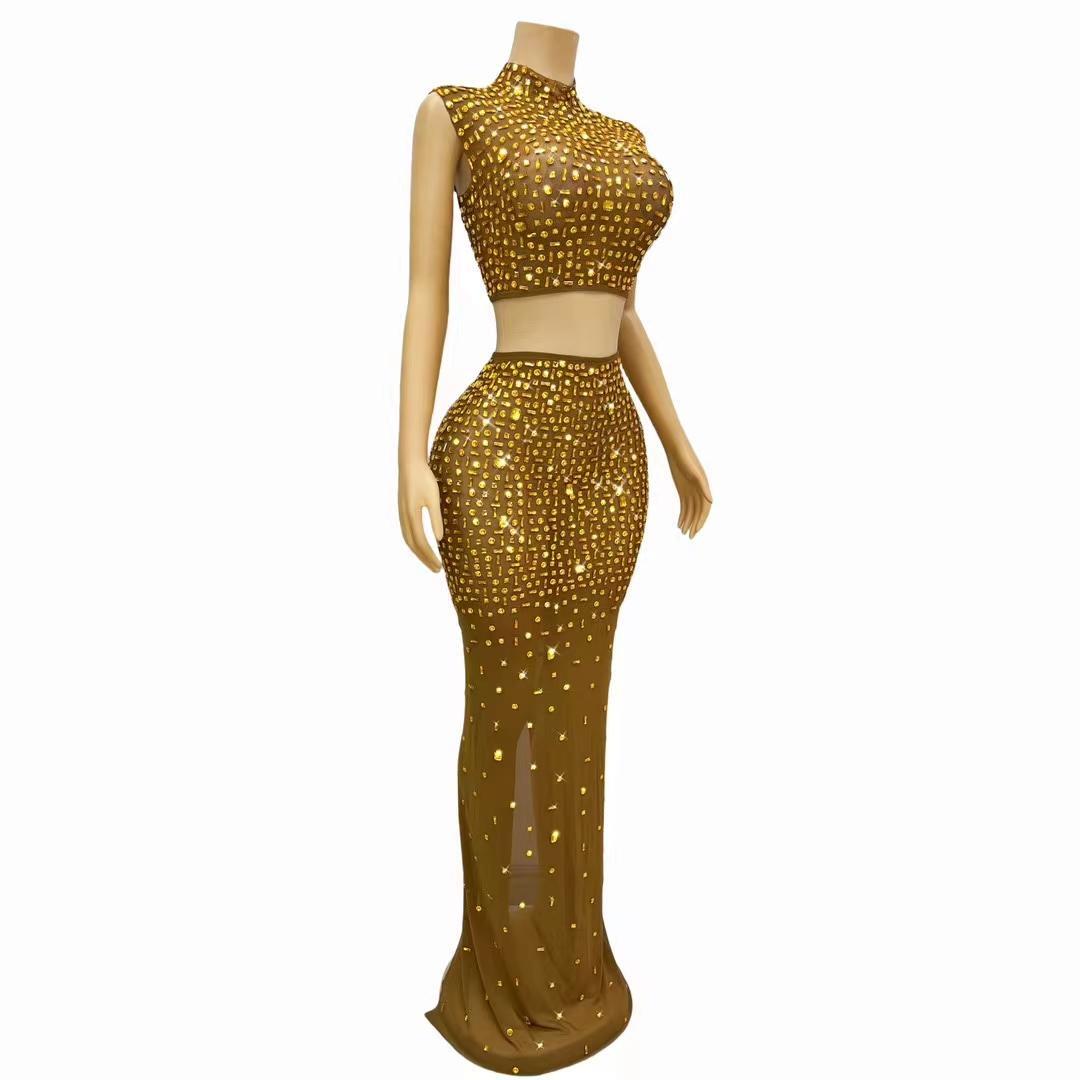 CELESINYI Jinbei Crystal Amber Mermaid Gown