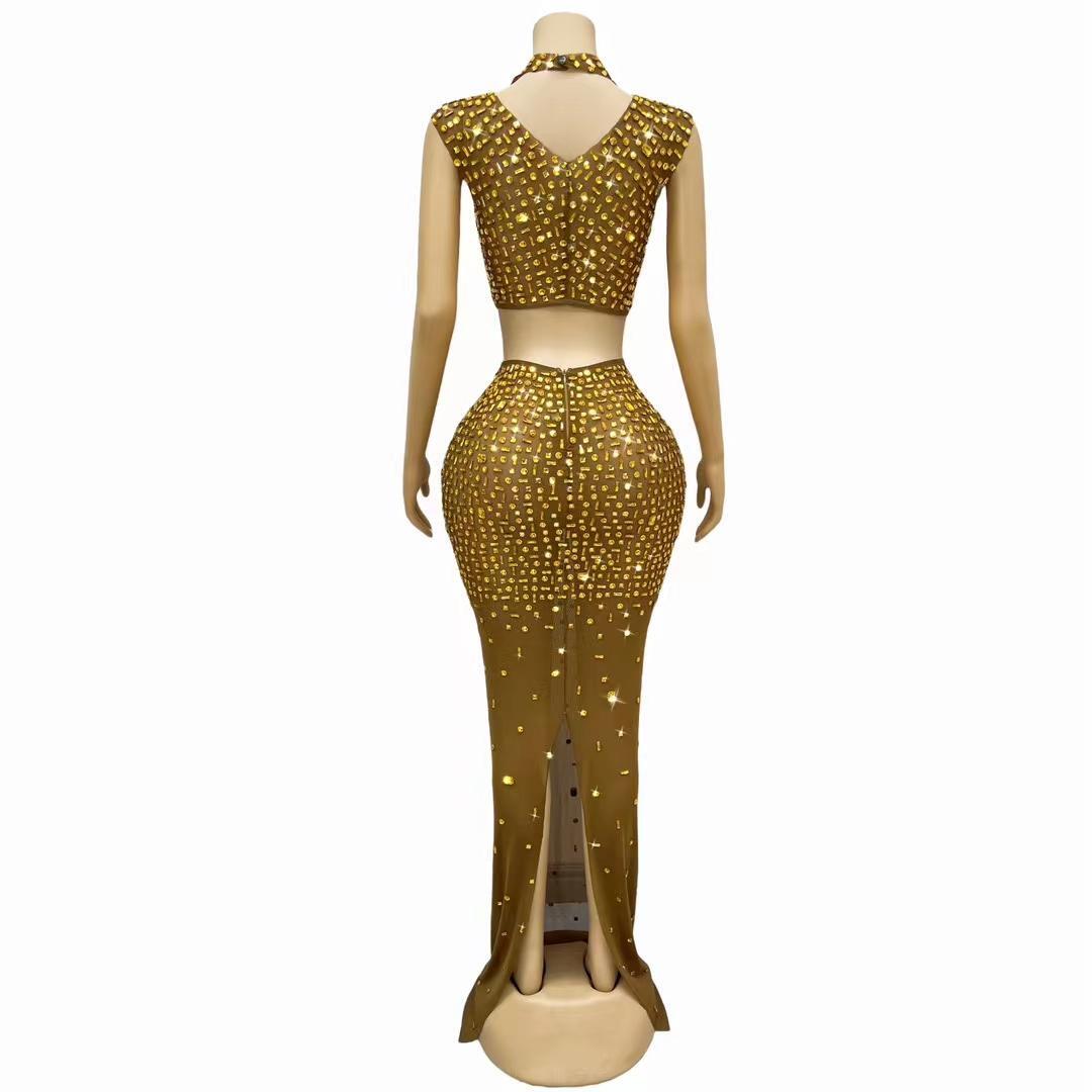 CELESINYI Jinbei Crystal Amber Mermaid Gown