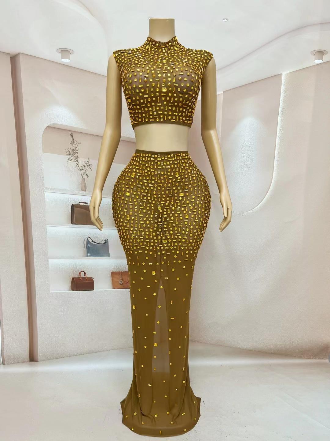 CELESINYI Jinbei Crystal Amber Mermaid Gown