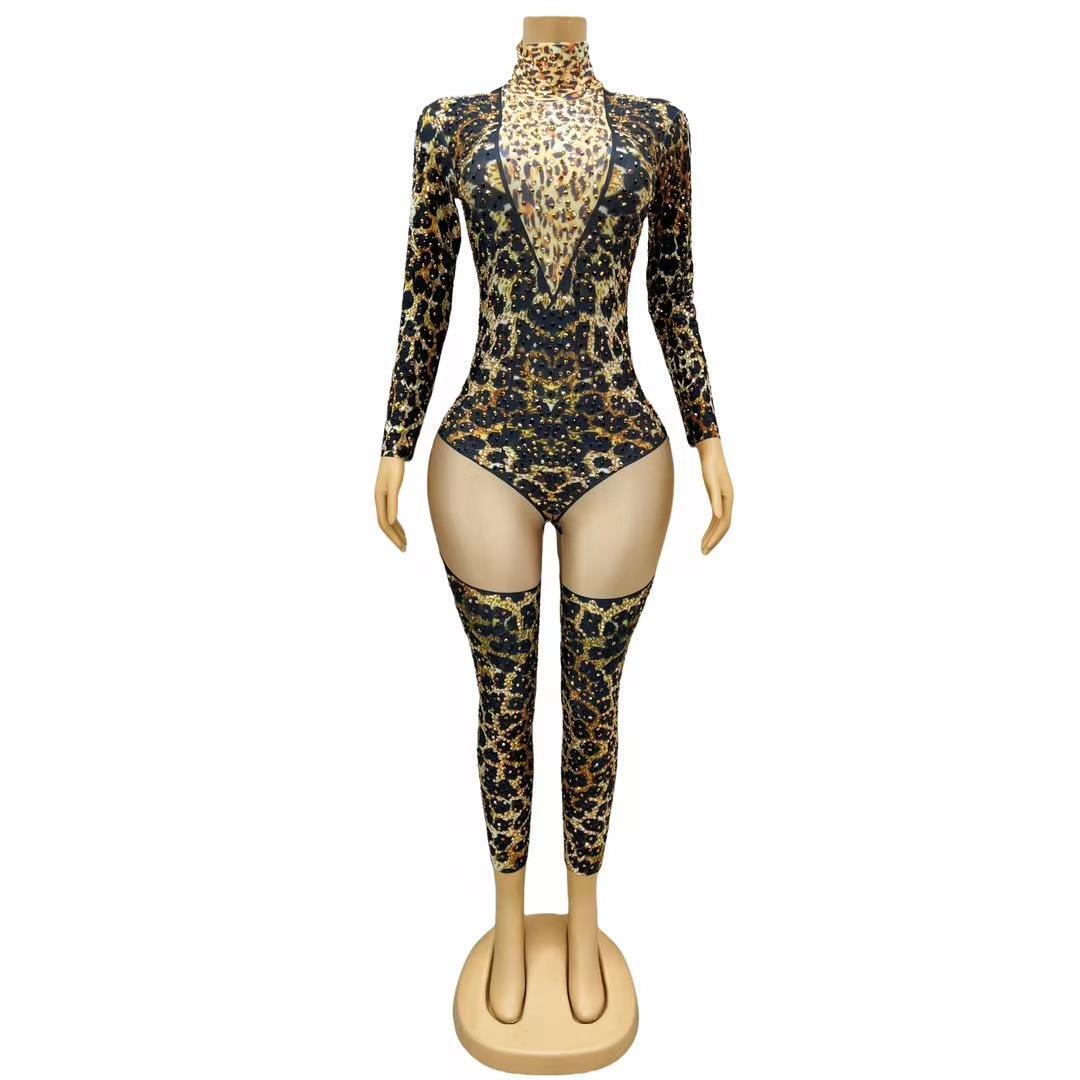 CELESINYI Liebao Crystal Leopard Bodysuit