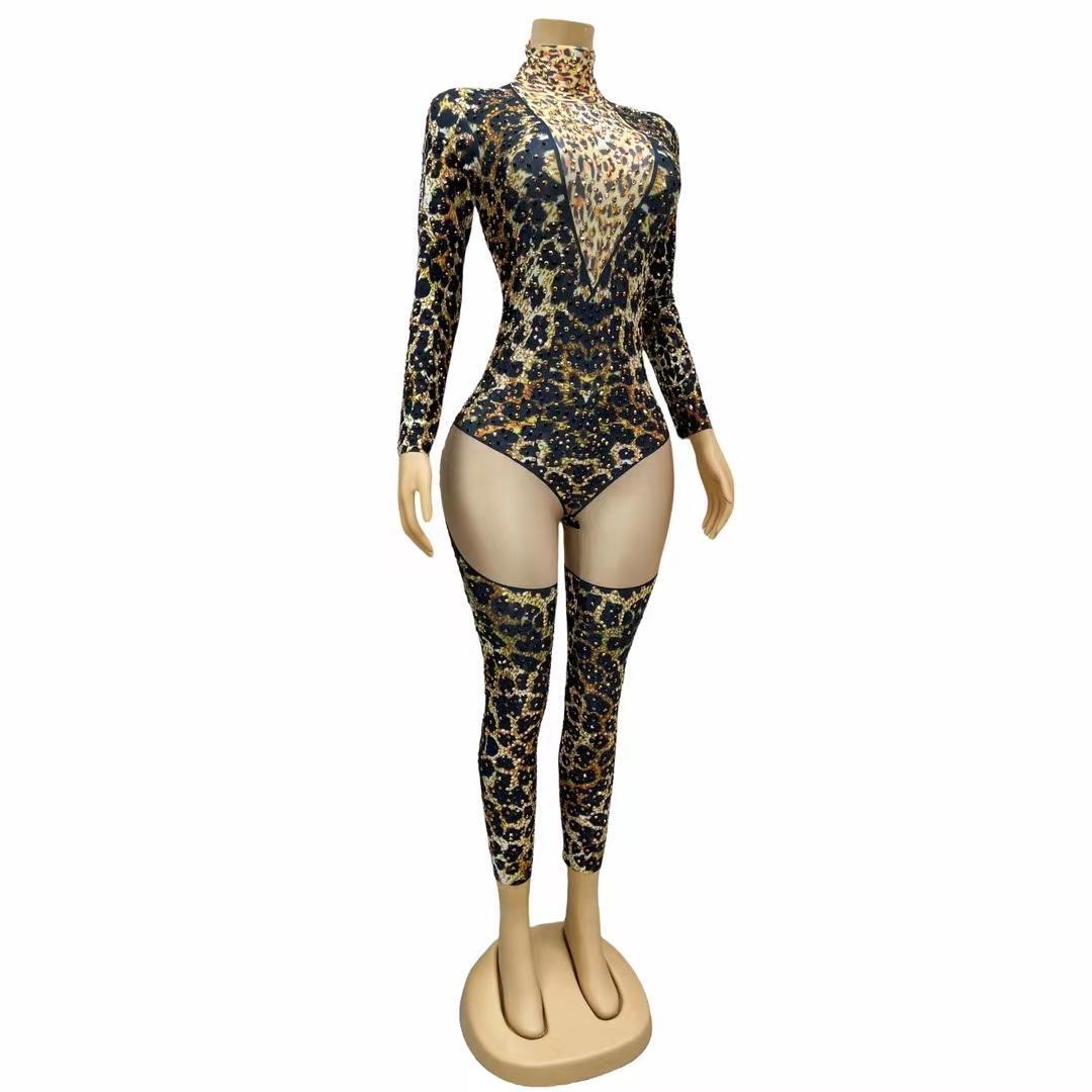 CELESINYI Liebao Crystal Leopard Bodysuit