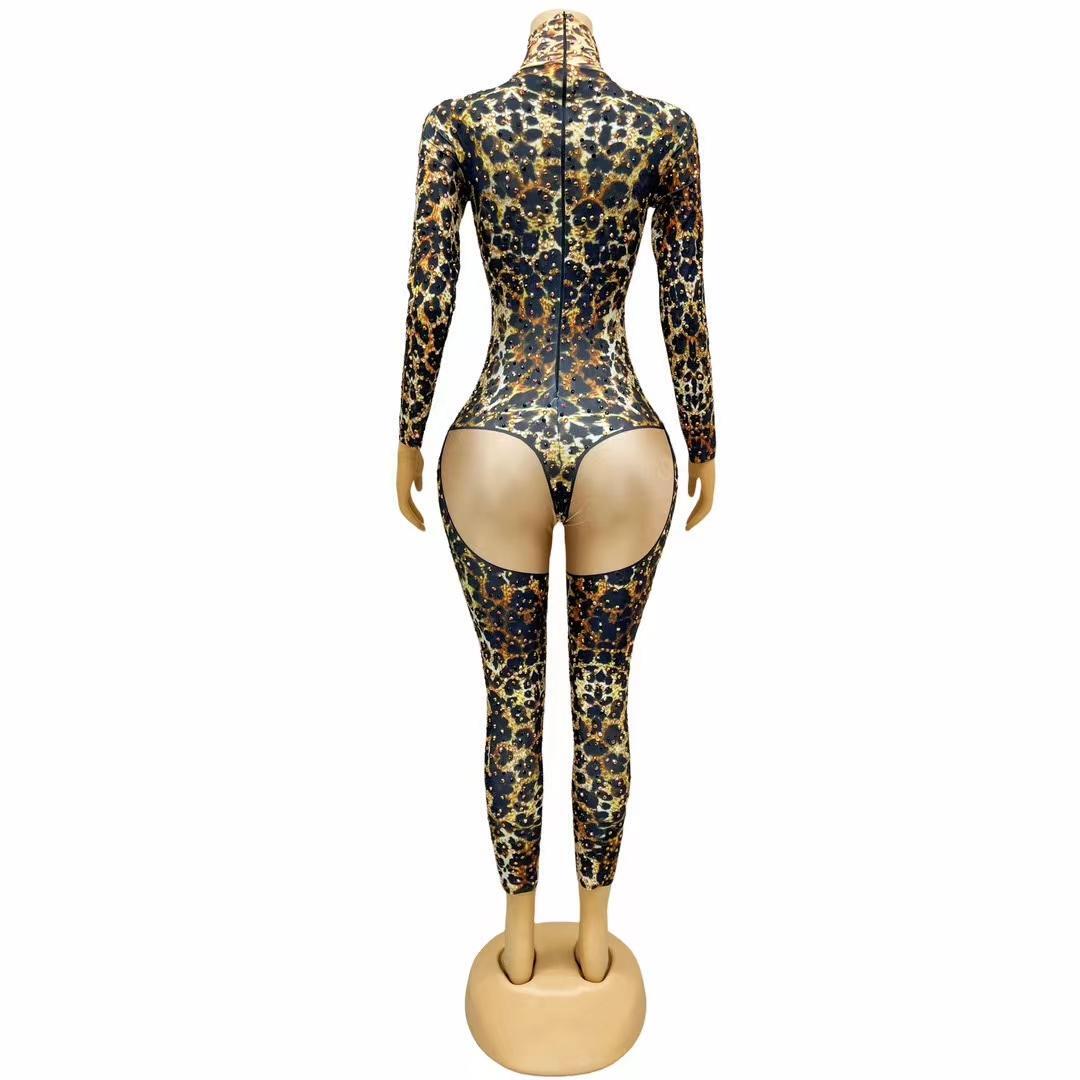 CELESINYI Liebao Crystal Leopard Bodysuit