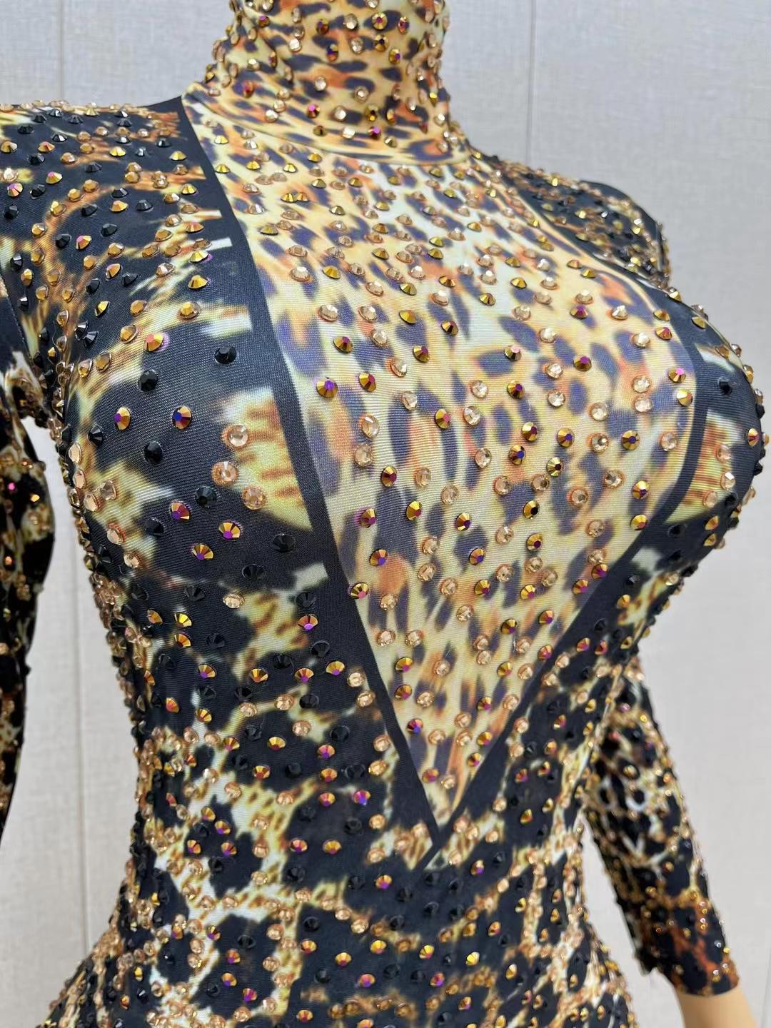 CELESINYI Liebao Crystal Leopard Bodysuit