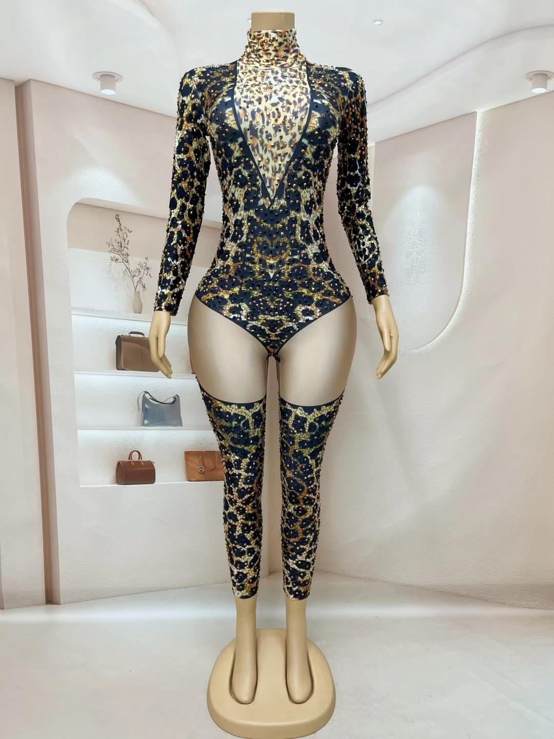 CELESINYI Liebao Crystal Leopard Bodysuit
