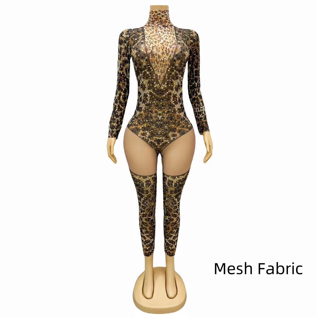 CELESINYI Liebao Crystal Leopard Mesh Bodysuit