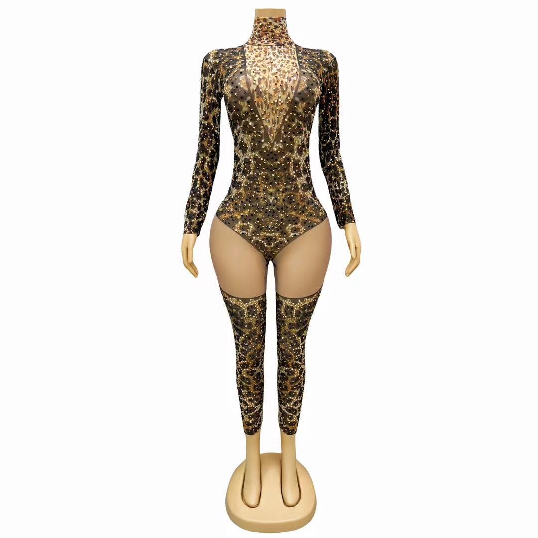 CELESINYI Liebao Crystal Leopard Mesh Bodysuit