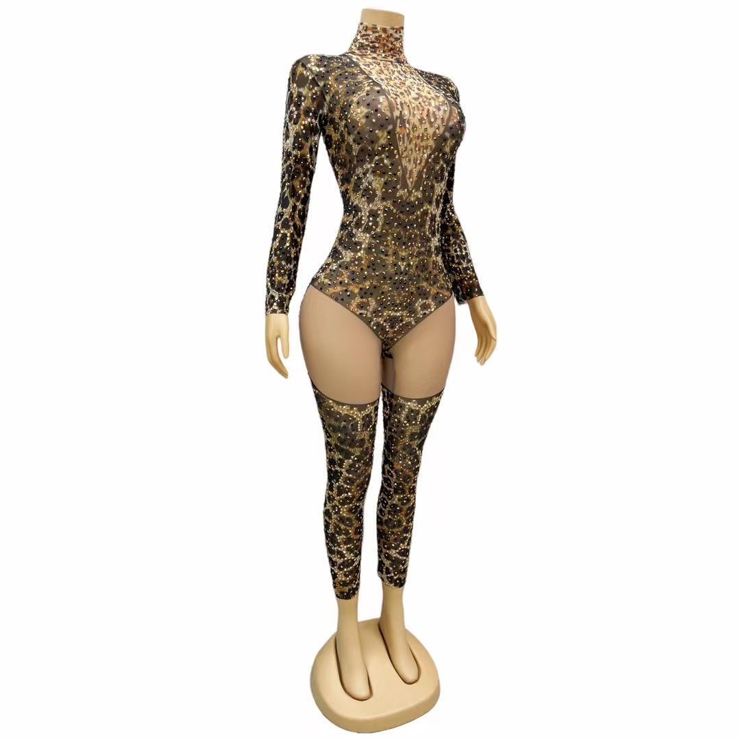 CELESINYI Liebao Crystal Leopard Mesh Bodysuit