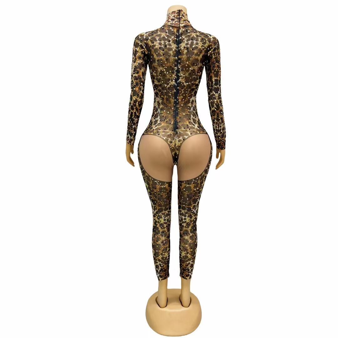 CELESINYI Liebao Crystal Leopard Mesh Bodysuit