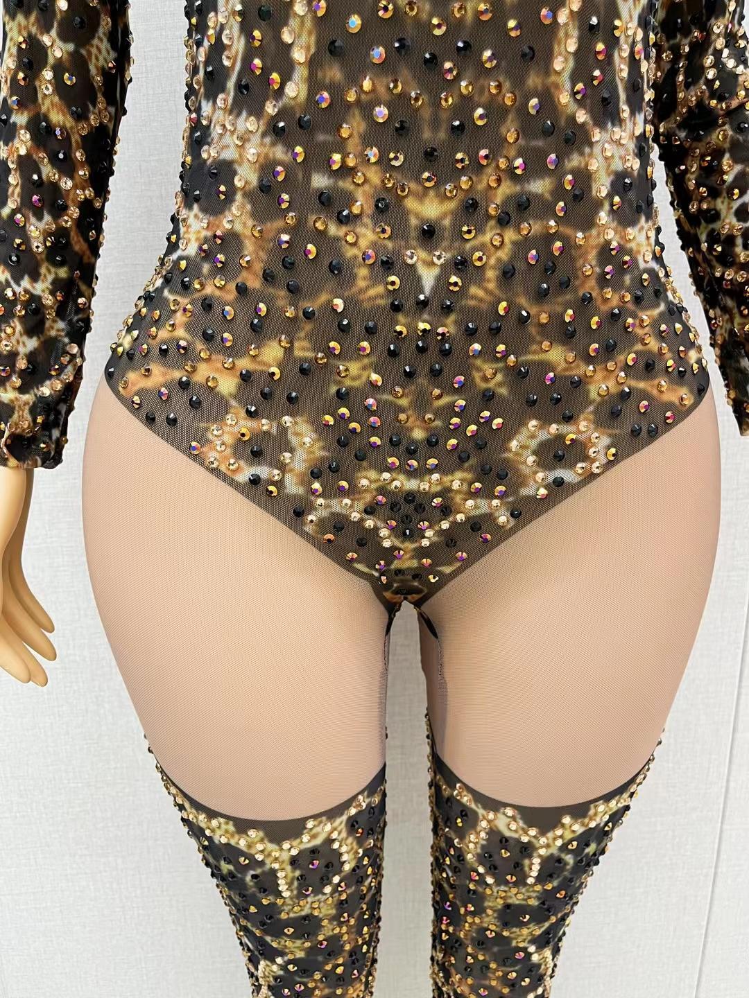 CELESINYI Liebao Crystal Leopard Mesh Bodysuit