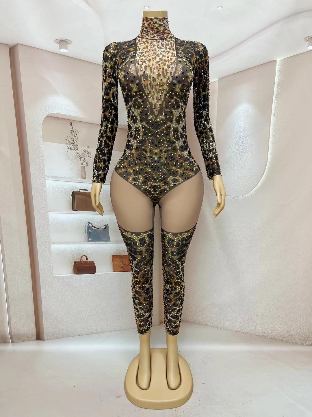 CELESINYI Liebao Crystal Leopard Mesh Bodysuit