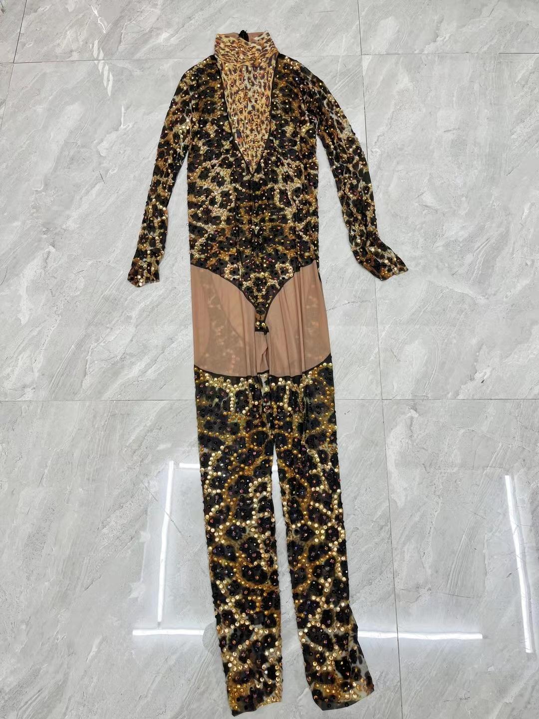 CELESINYI Liebao Crystal Leopard Mesh Bodysuit
