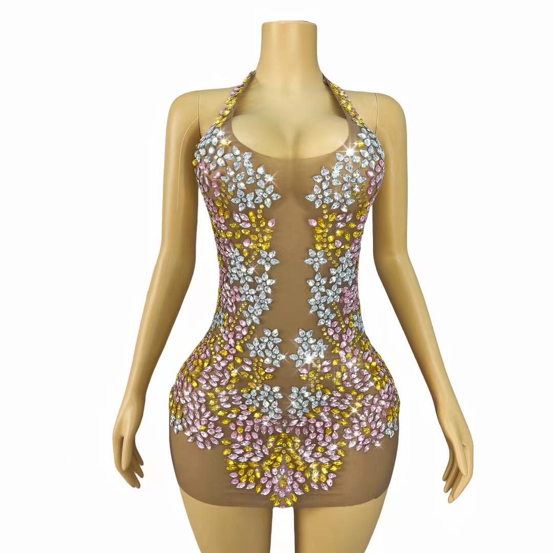 CELESINYI Fenye Crystal Pink Leaf Mini Dress