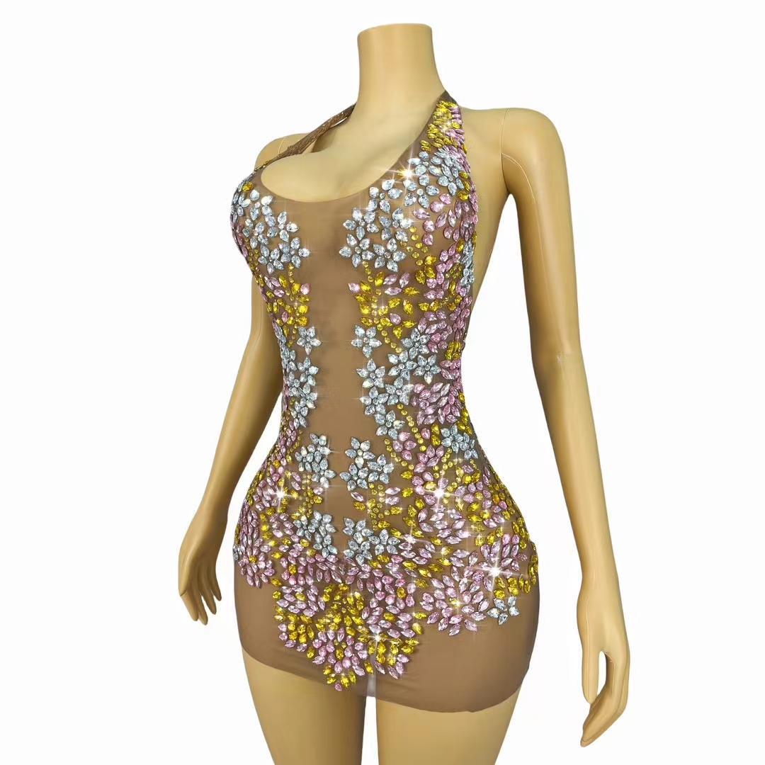 CELESINYI Fenye Crystal Pink Leaf Mini Dress