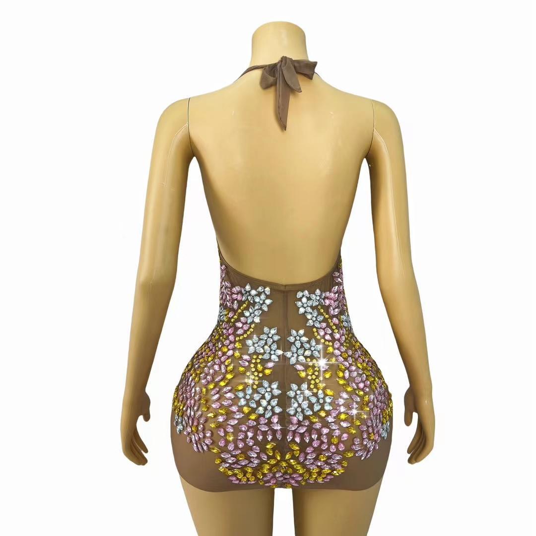 CELESINYI Fenye Crystal Pink Leaf Mini Dress