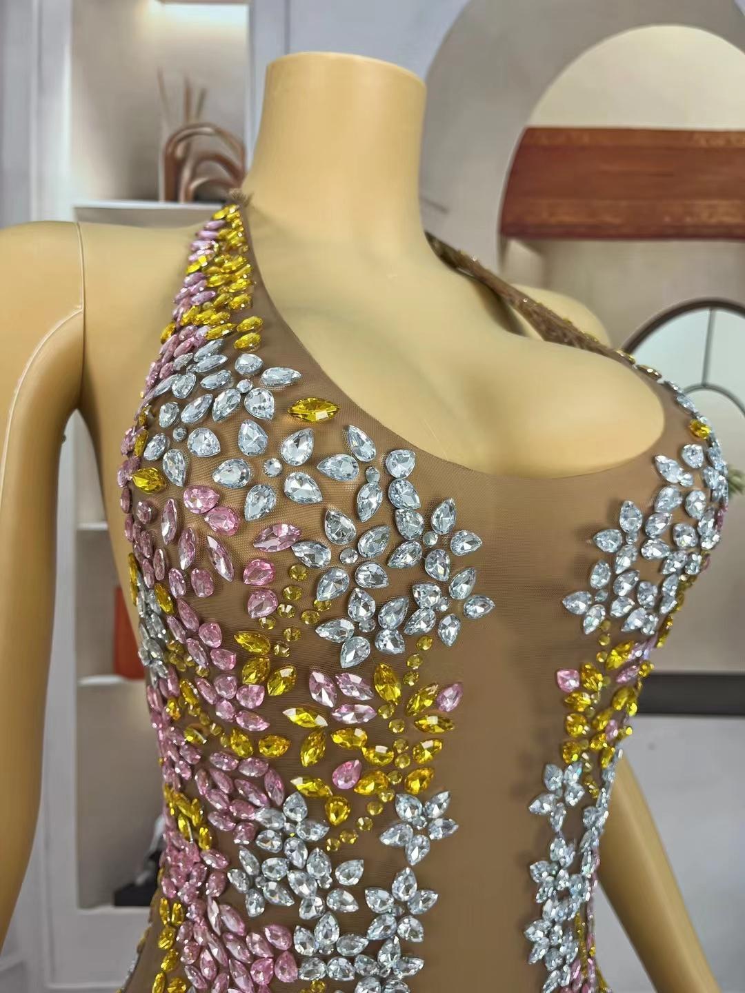 CELESINYI Fenye Crystal Pink Leaf Mini Dress