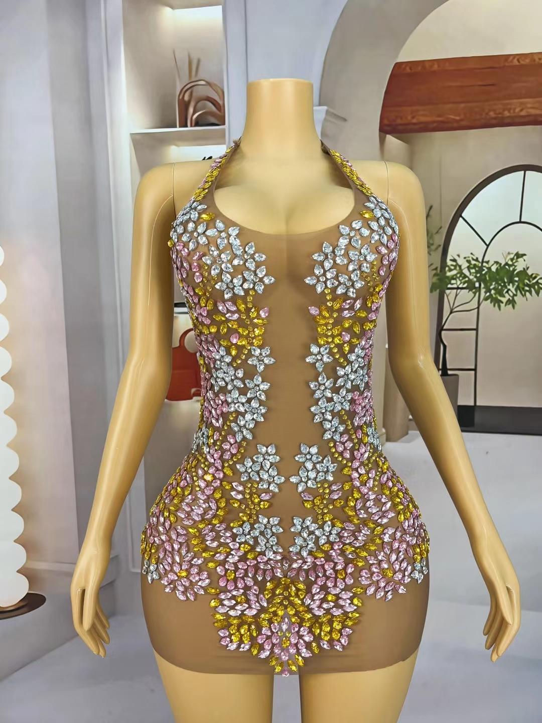 CELESINYI Fenye Crystal Pink Leaf Mini Dress
