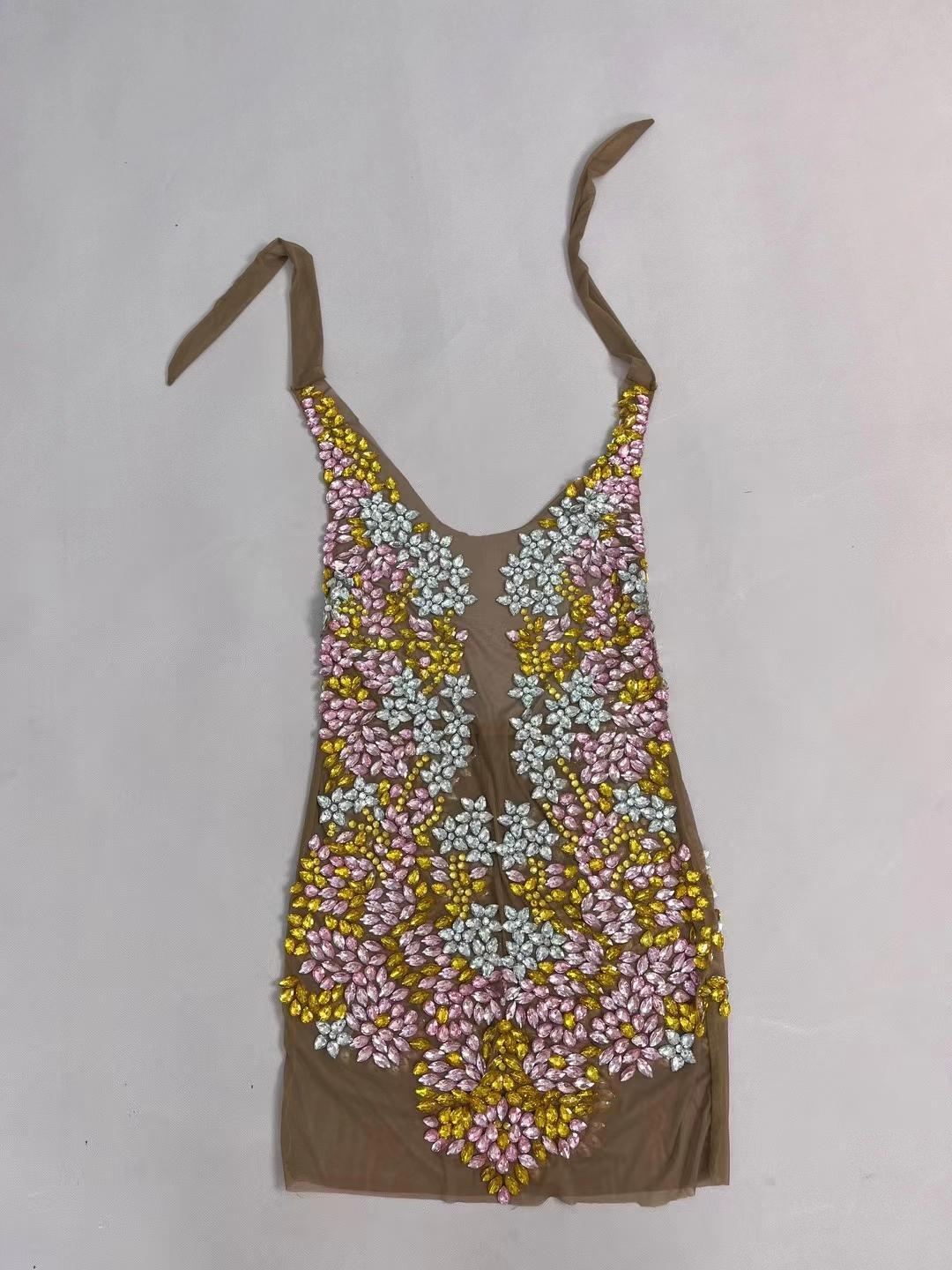 CELESINYI Fenye Crystal Pink Leaf Mini Dress