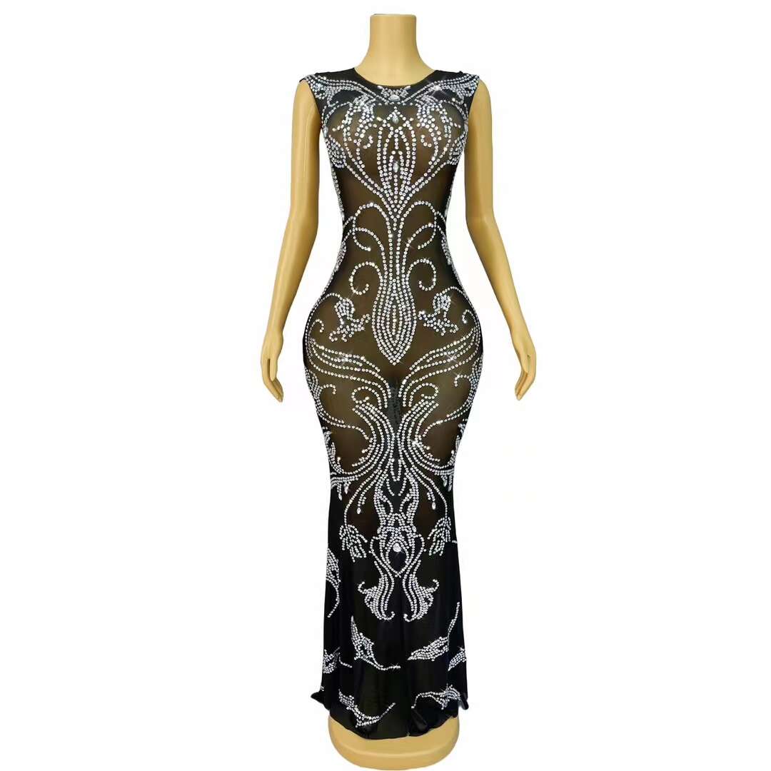CELESINYI Fuyou Crystal Black Vine Mermaid Gown