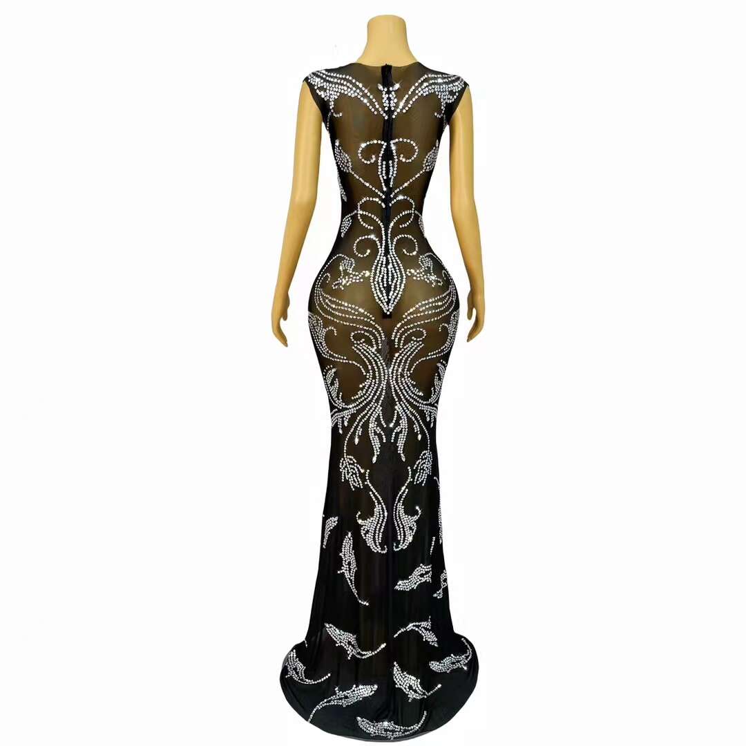 CELESINYI Fuyou Crystal Black Vine Mermaid Gown