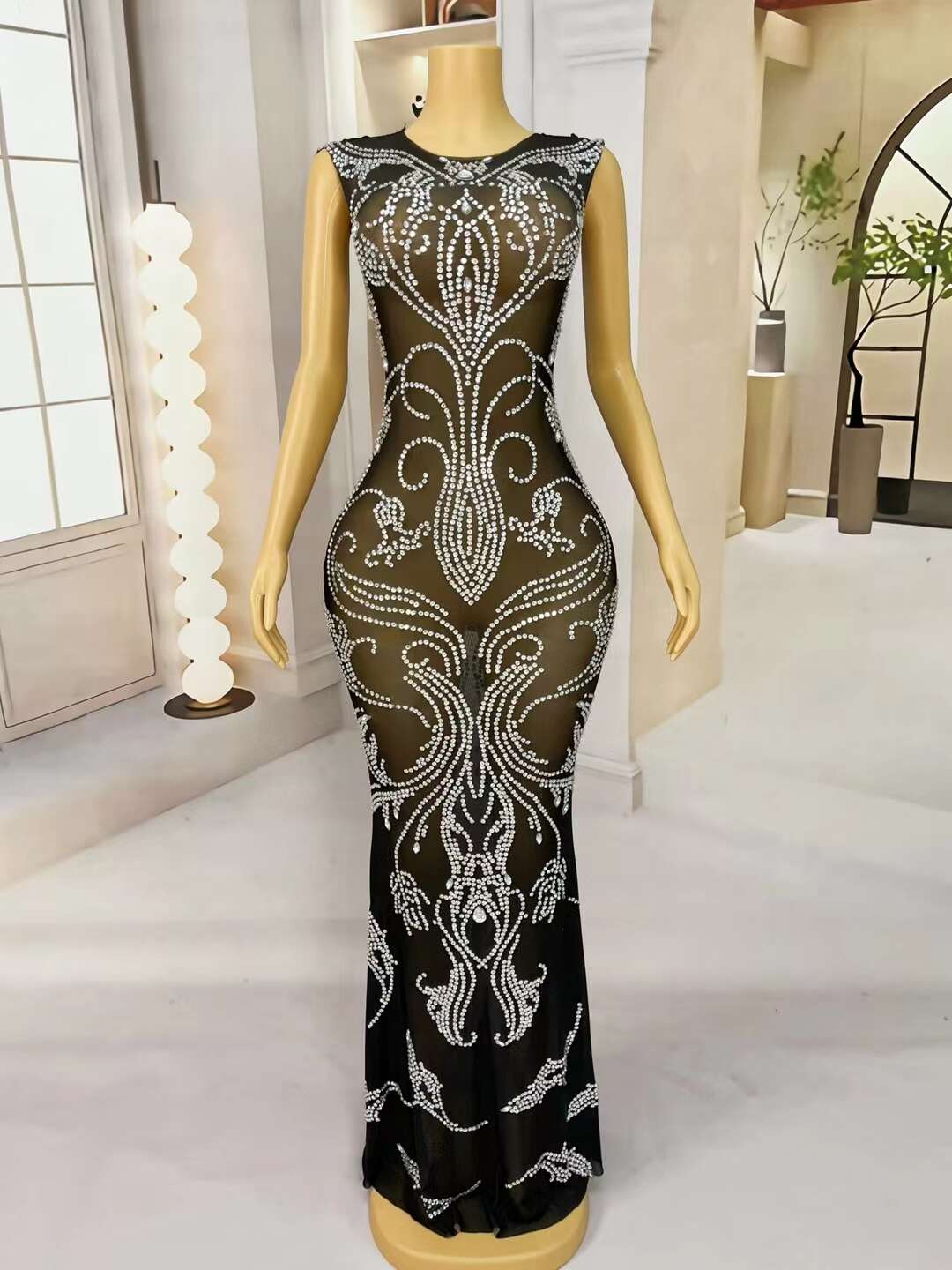 CELESINYI Fuyou Crystal Black Vine Mermaid Gown