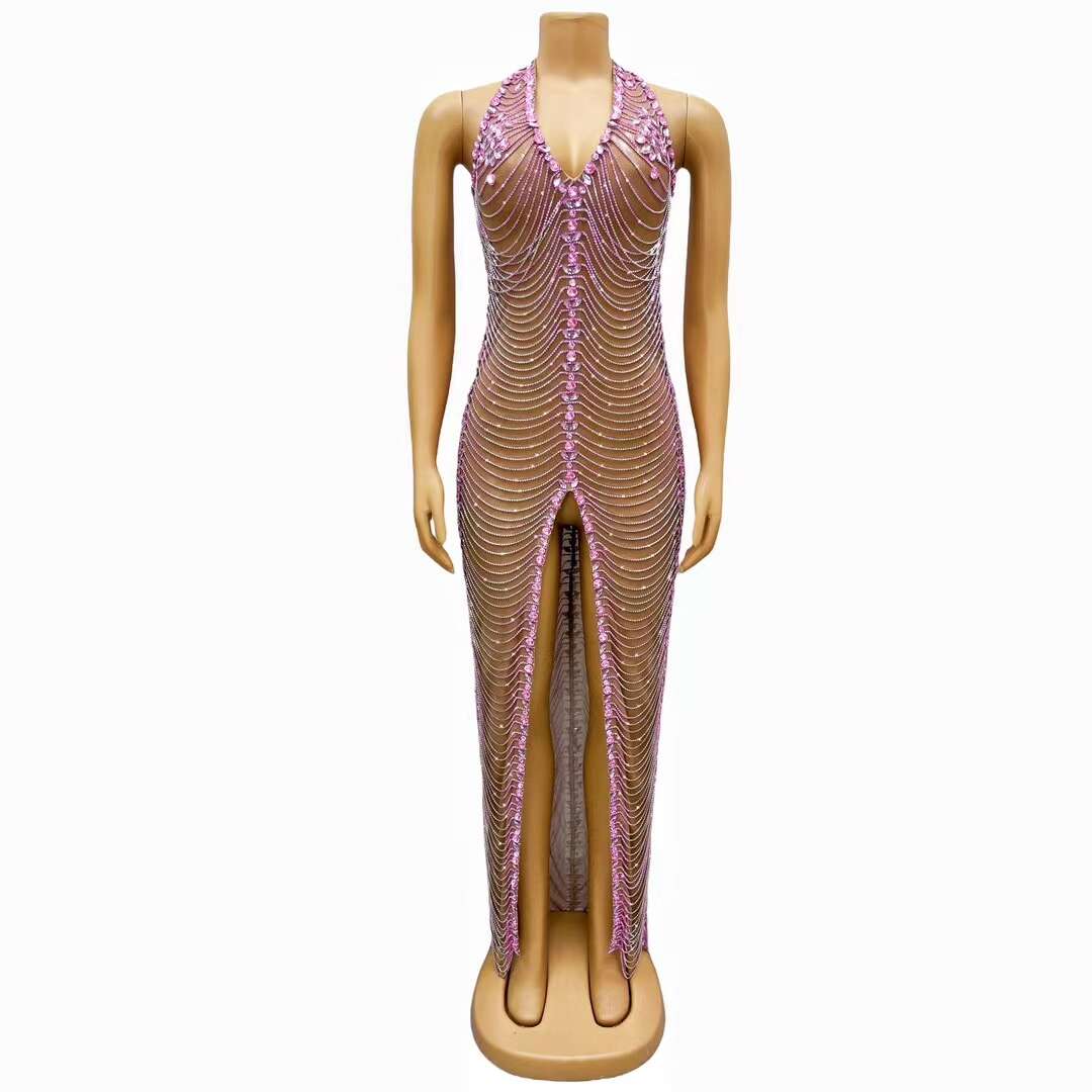 CELESINYI Fenwan Crystal Pink Fringe Jumpsuit