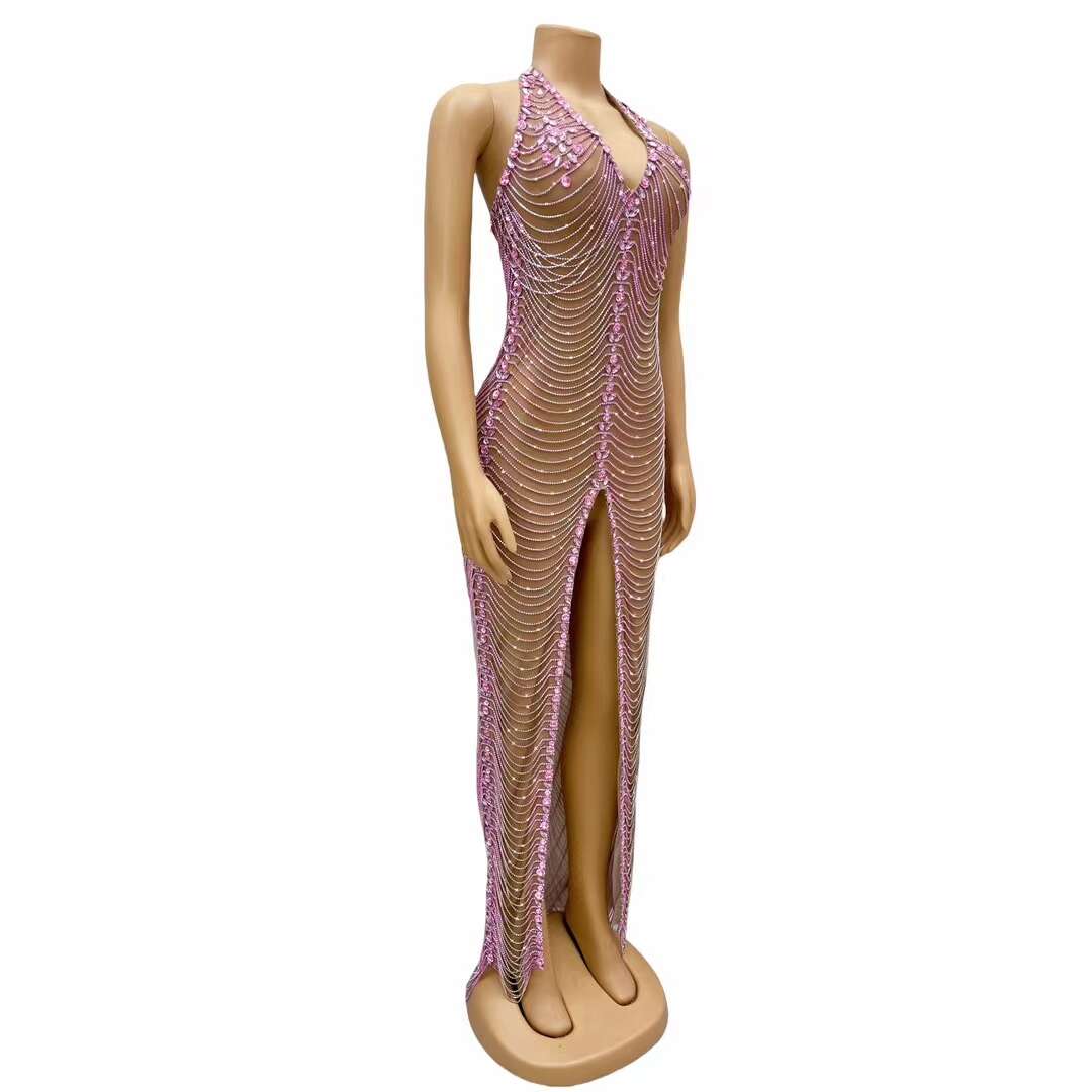 CELESINYI Fenwan Crystal Pink Fringe Jumpsuit