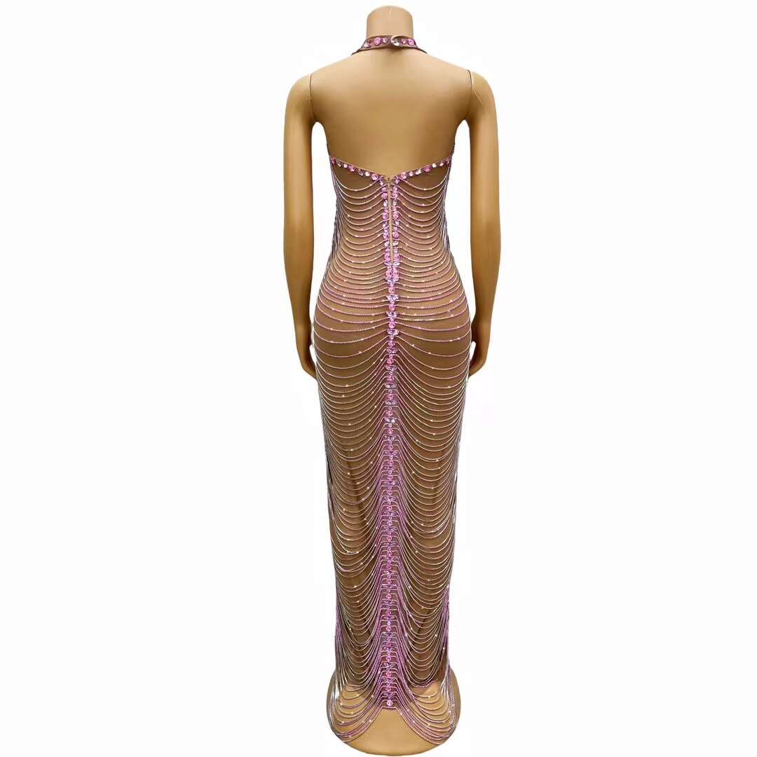 CELESINYI Fenwan Crystal Pink Fringe Jumpsuit
