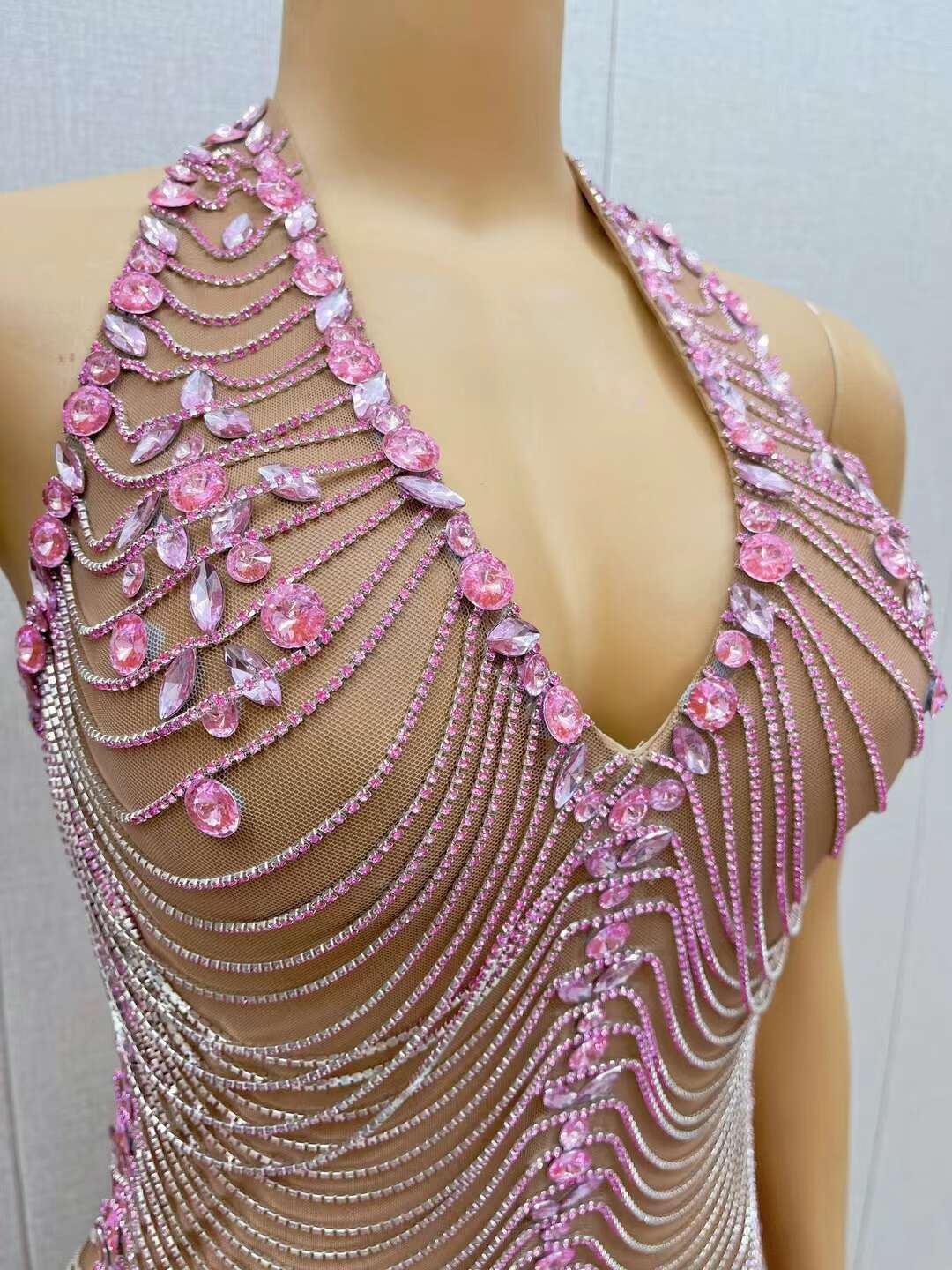 CELESINYI Fenwan Crystal Pink Fringe Jumpsuit