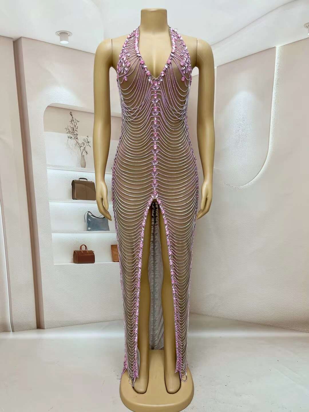 CELESINYI Fenwan Crystal Pink Fringe Jumpsuit