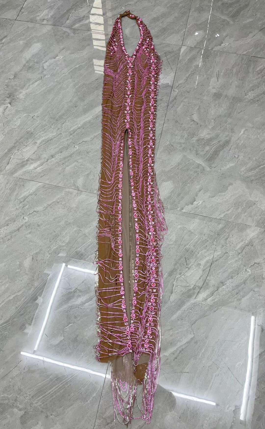 CELESINYI Fenwan Crystal Pink Fringe Jumpsuit