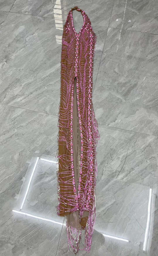 CELESINYI Fenwan Crystal Pink Fringe Jumpsuit