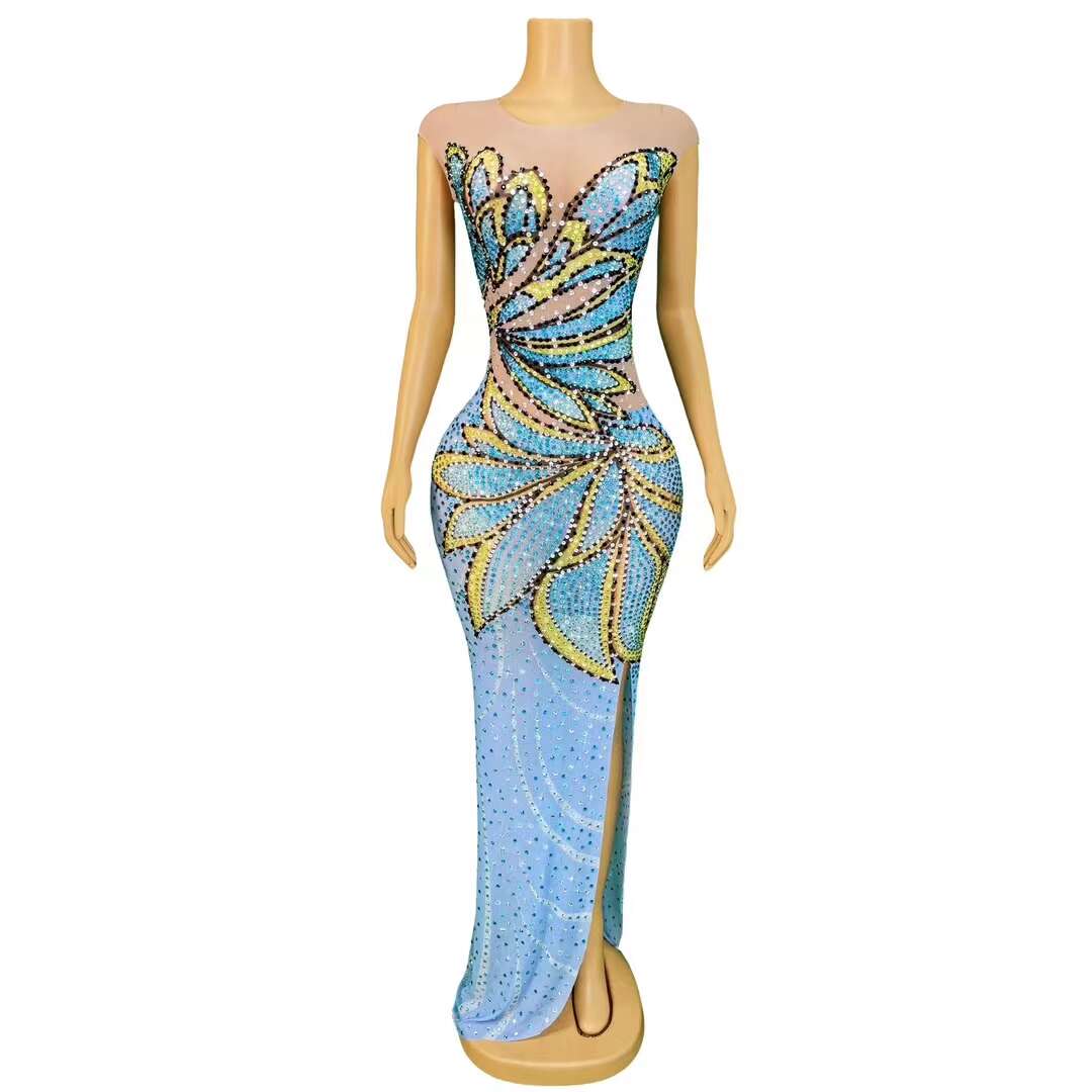 CELESINYI Fengdie Crystal Butterfly Print Dress