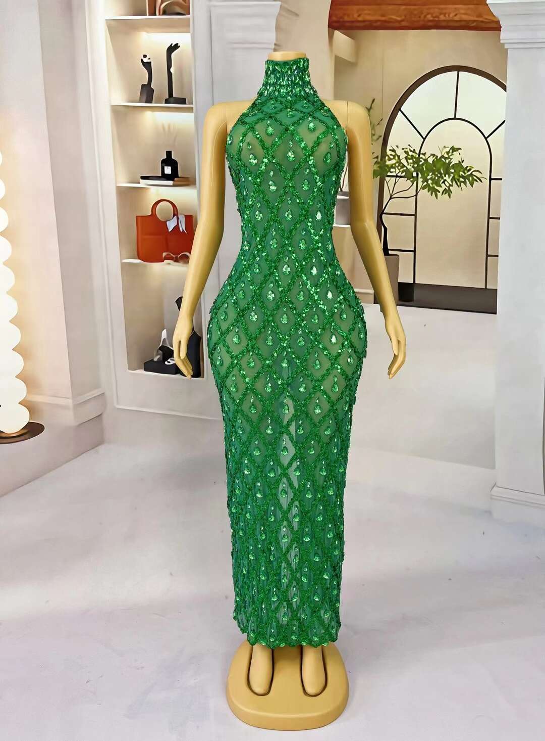 CELESINYI Diduanshaokaojia Crystal Green Diamond Gown