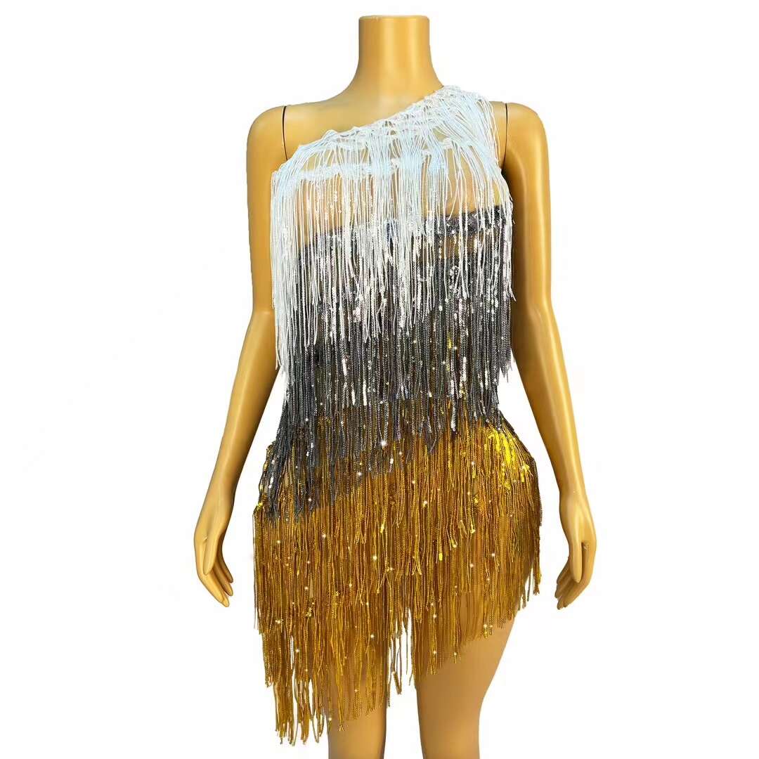 CELESINYI Sanseliusu Crystal Tri Color Fringe Mini Dress